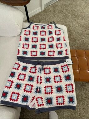 Crochet Two-Piece Tank & Shorts Set - Red, White, Blue